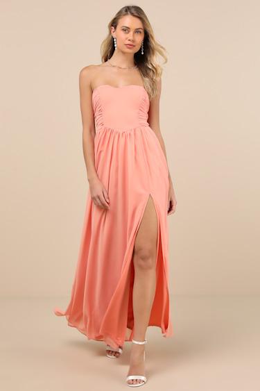 Luxe Favorite Peach Pink Strapless Ruched Maxi Dress Product Image