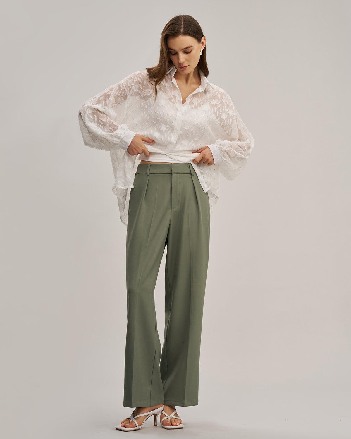 Green Elastic Waist Straight Pants Product Image