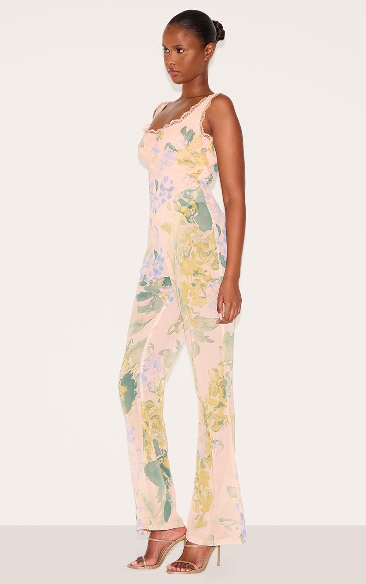 Pink Floral Printed Chiffon Corset Detail Flared Jumpsuit Product Image