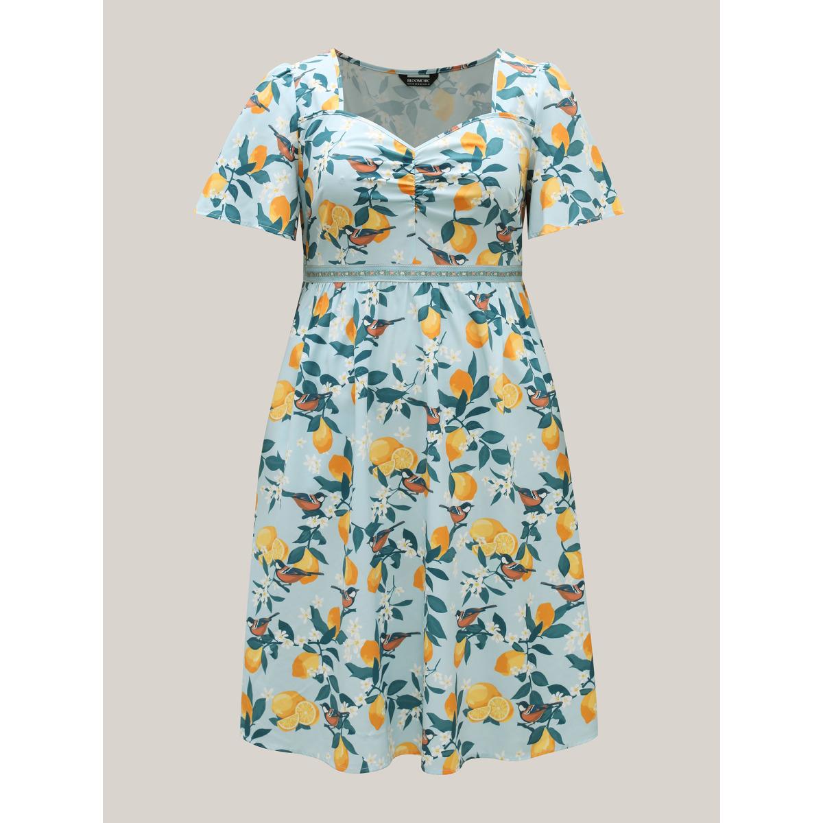 Plus Size Citrus Print Sweetheart Neckline Midi Dress LightBlue Women Gathered Heart neckline Short sleeve Curvy BloomChic 18-20/2X Product Image