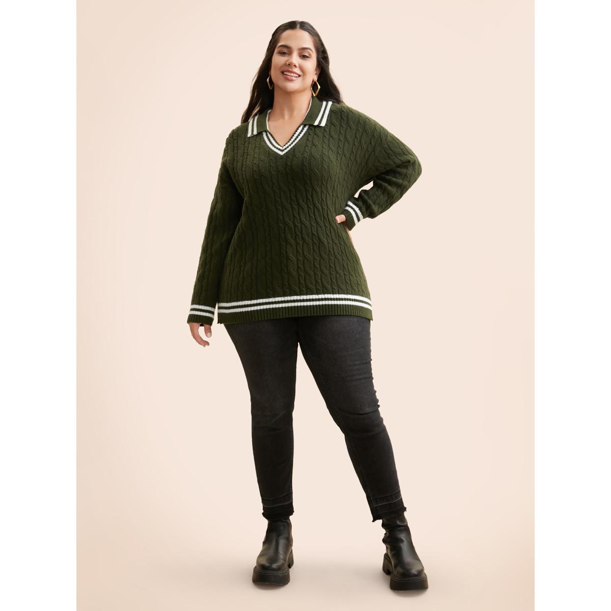 Plus Size Contrast Trim Split Hem Pullover ArmyGreen Women Office Long Sleeve Lapel Collar Office Pullovers BloomChic 28/5X Product Image