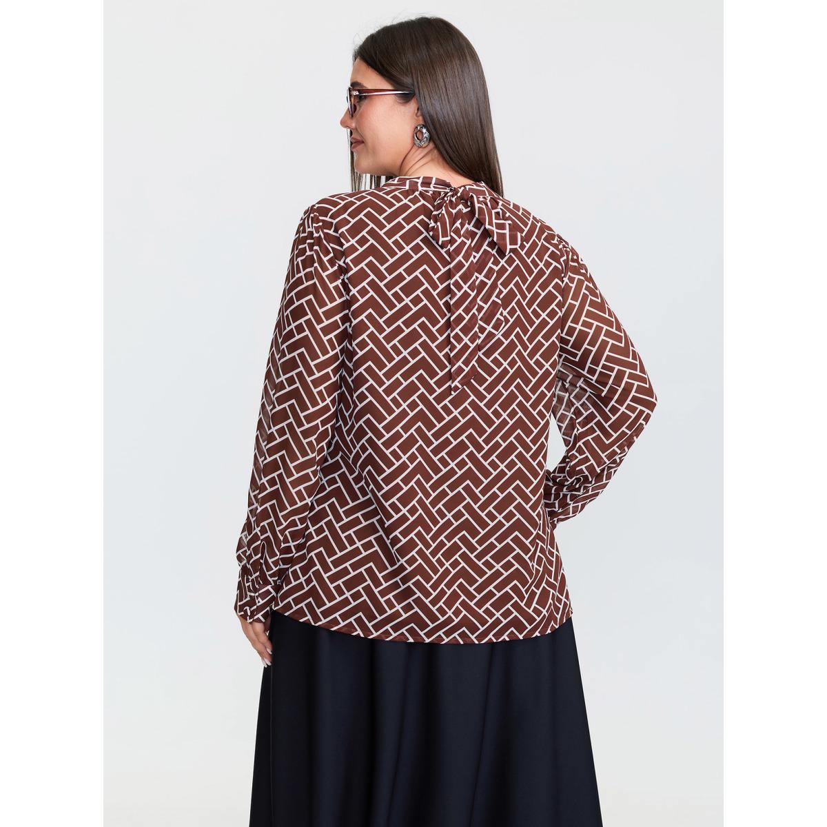 Plus Size Browncoffeecolor Geometric Print Cut Out Neck Blouse Women Office Extra Long Sleeve Mock Neck Office Blouses BloomChic 30/6X Product Image