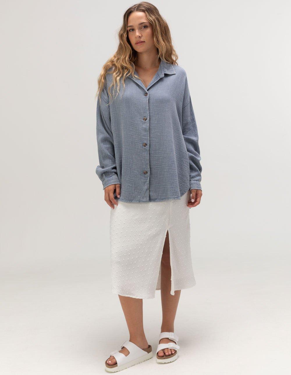 ROXY Morning Time Womens Long Sleeve Button Up Shirt - BLUE Product Image