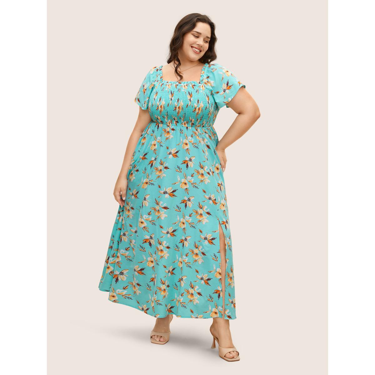Plus Size Floral Shirred Elastic Waist Split Hem Dress Turquoise Women Elegant Frill Trim Square Neck Short sleeve Curvy BloomChic 10/M Product Image