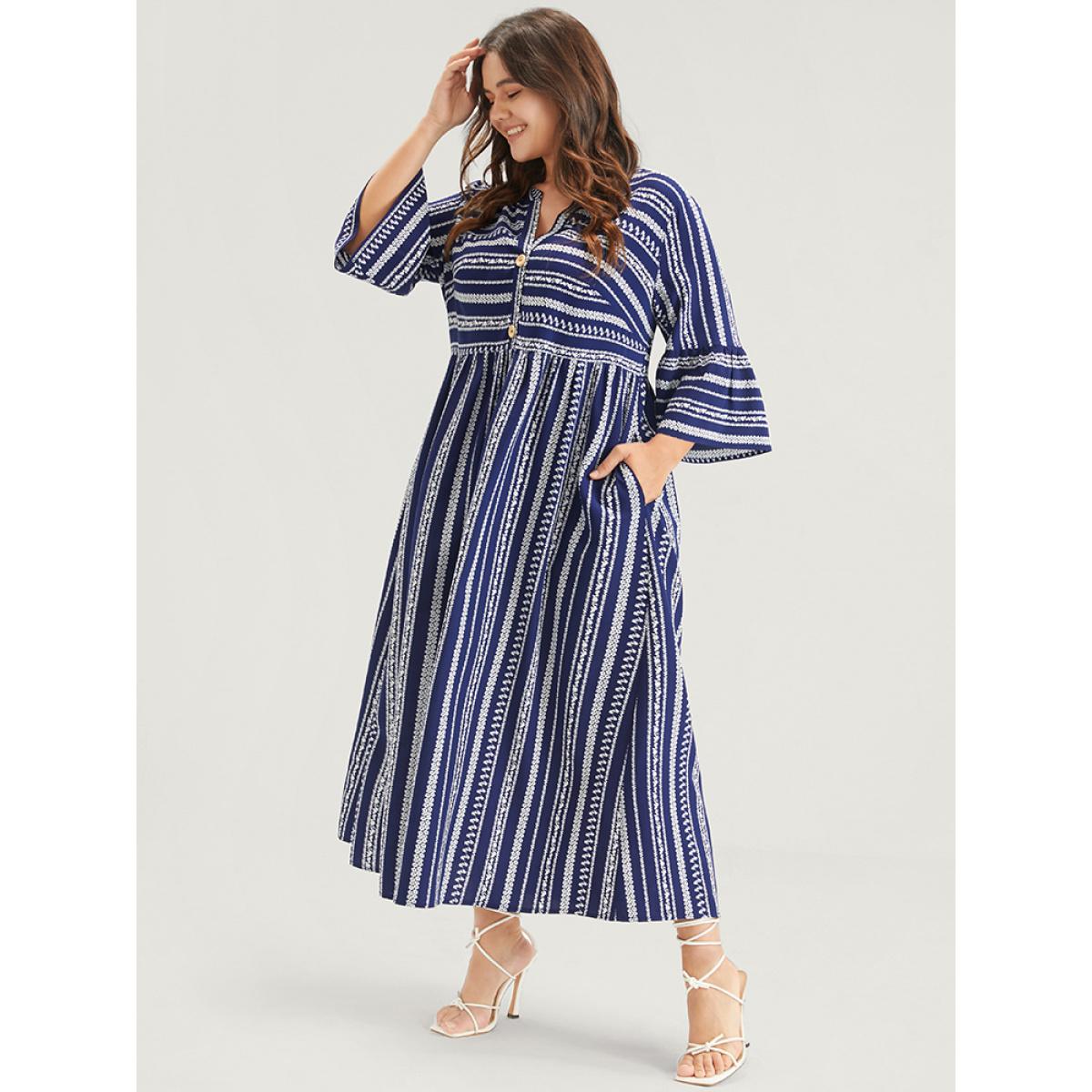 Plus Size Striped Ruffles Button Pocket Bell Sleeve Maxi Dress DarkBlue Women Casual Printed V-neck Elbow-length sleeve Curvy Midi Dress BloomChic 22-24/3X Product Image