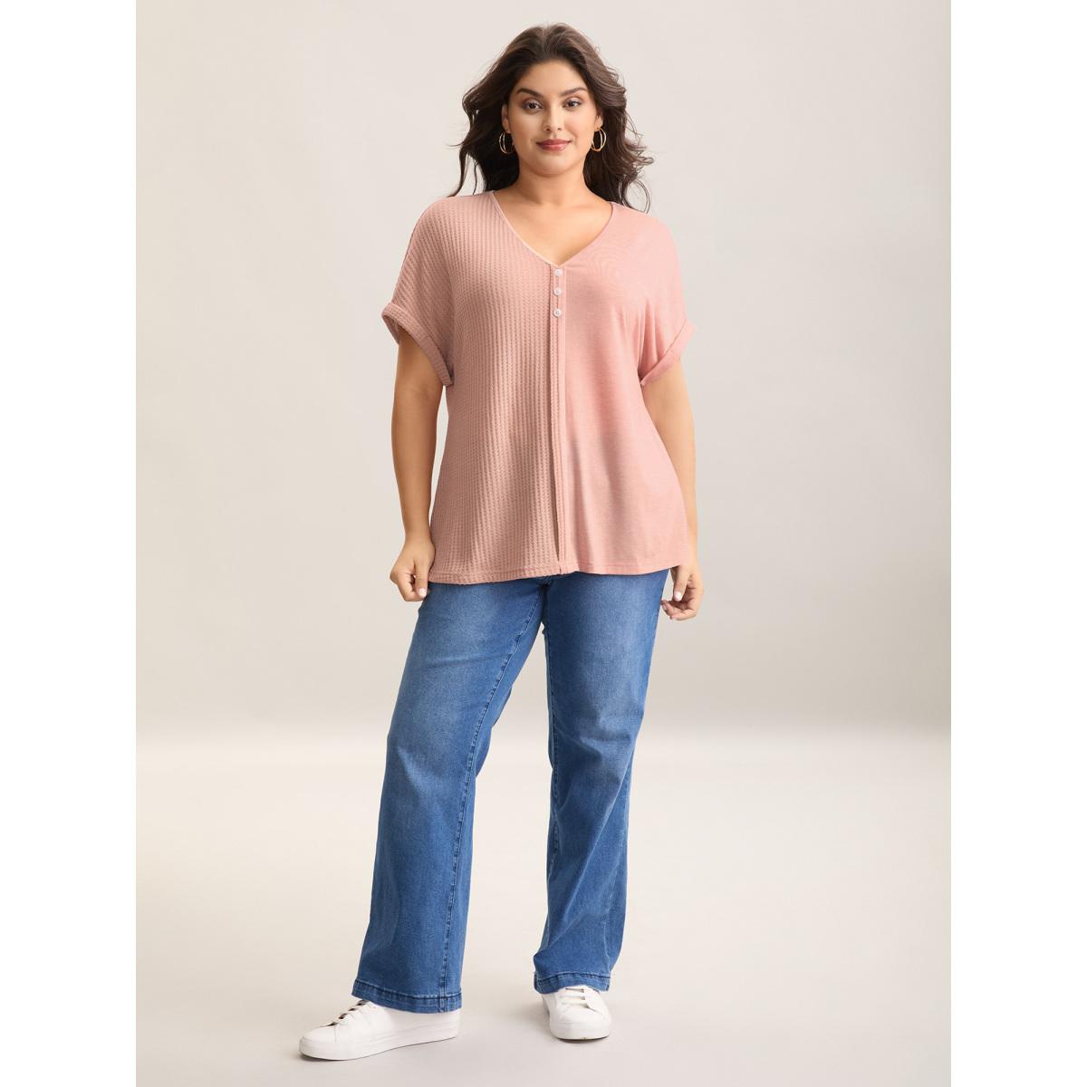 Plus Size Textured Button Detail Spliced T-Shirt Nudepink Women Texture V-neck Everyday-Casual T-shirts BloomChic 12/L Product Image