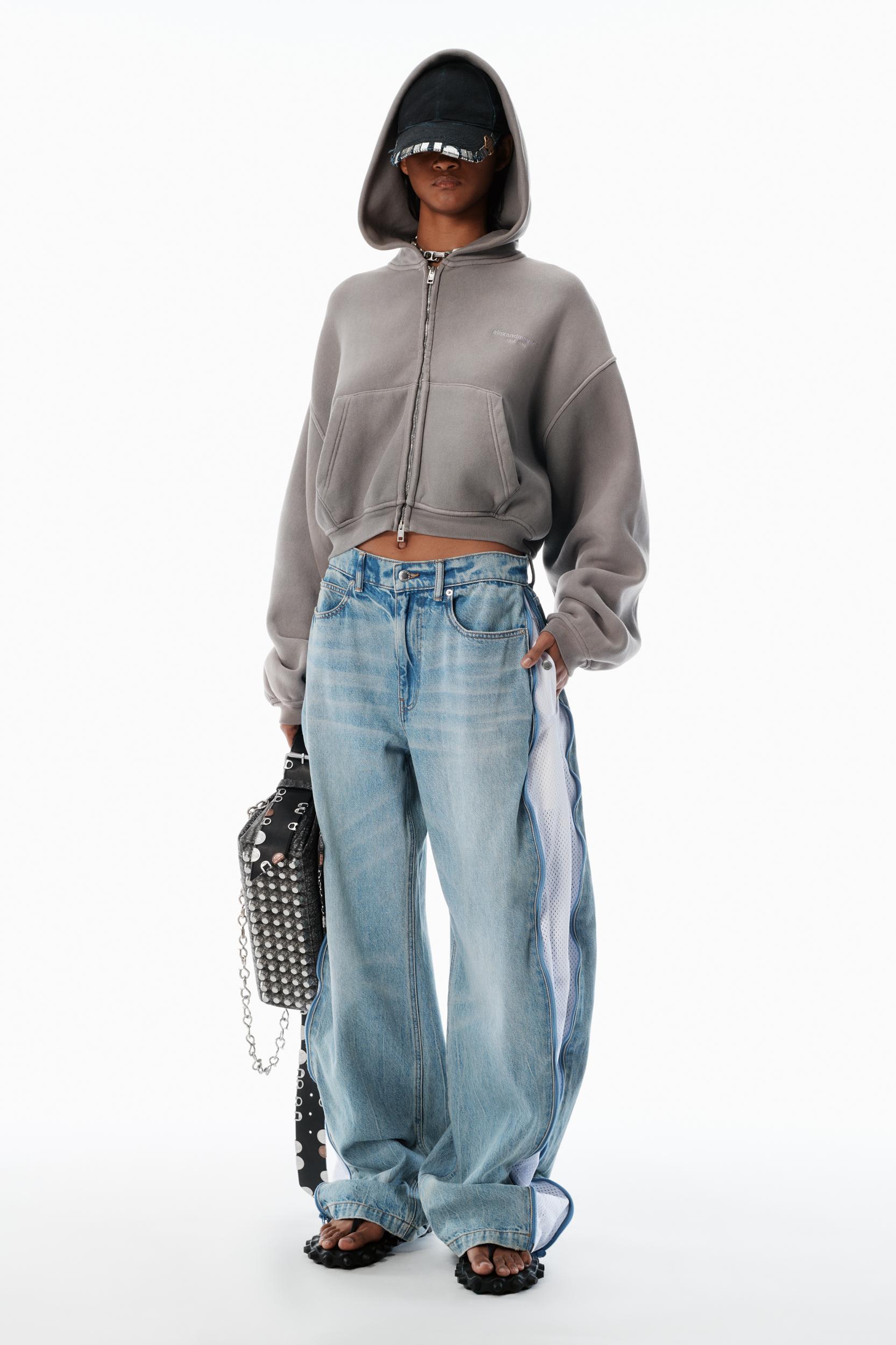 Bleach Blue Denim And Mesh Zipper Pants - Petite Product Image