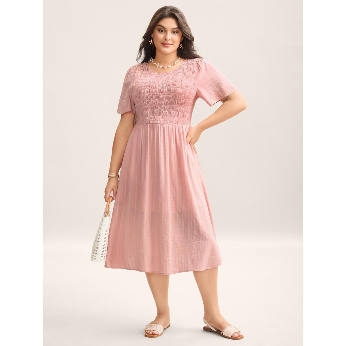 Plus Size Cotton Textured Shirred Bodice Pleated Midi Dress Crepe Women Resort Round Neck Sleeveless Curvy BloomChic 18-20/2X Product Image
