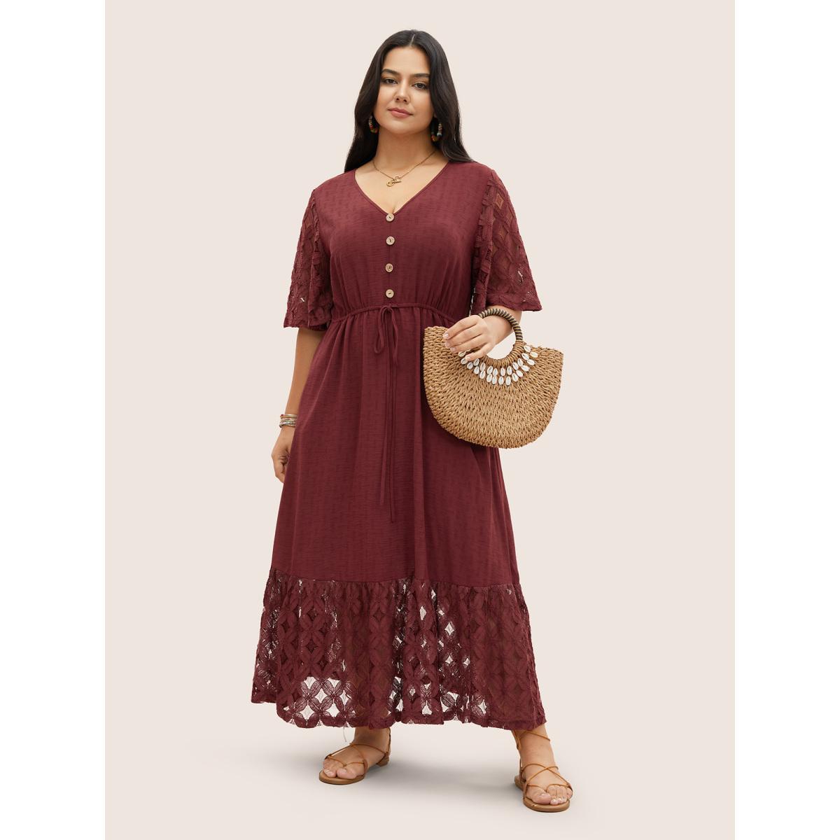 Plus Size Crochet Lace Mesh Button Detail Drawstring Dress Burgundy Women Resort Tie knot V-neck Half Sleeve Curvy Midi Dress BloomChic 18-20/2X Product Image