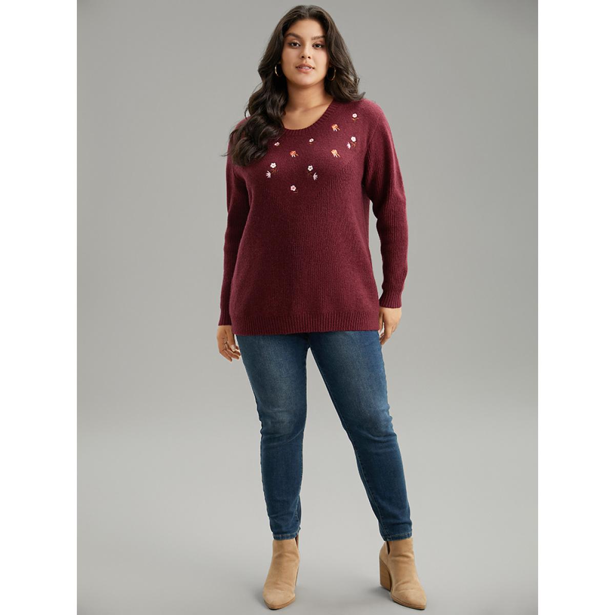 Plus Size Floral Embroidered Loose Elastic Cuffs Pullover Burgundy Women Casual Loose Long Sleeve Round Neck Dailywear Pullovers BloomChic 10/M Product Image