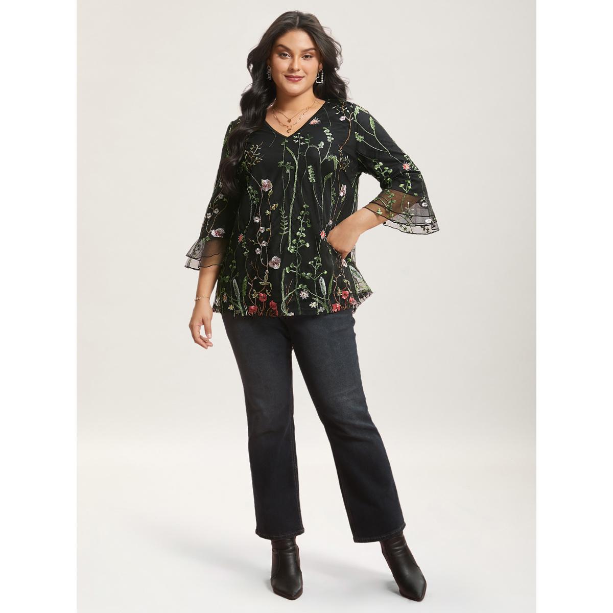 Plus Size Black Embroidered Mesh Lotus Leaf Sleeve Blouse Women Elegant Elbow-length sleeve V-neck Everyday Blouses BloomChic 28/5X Product Image