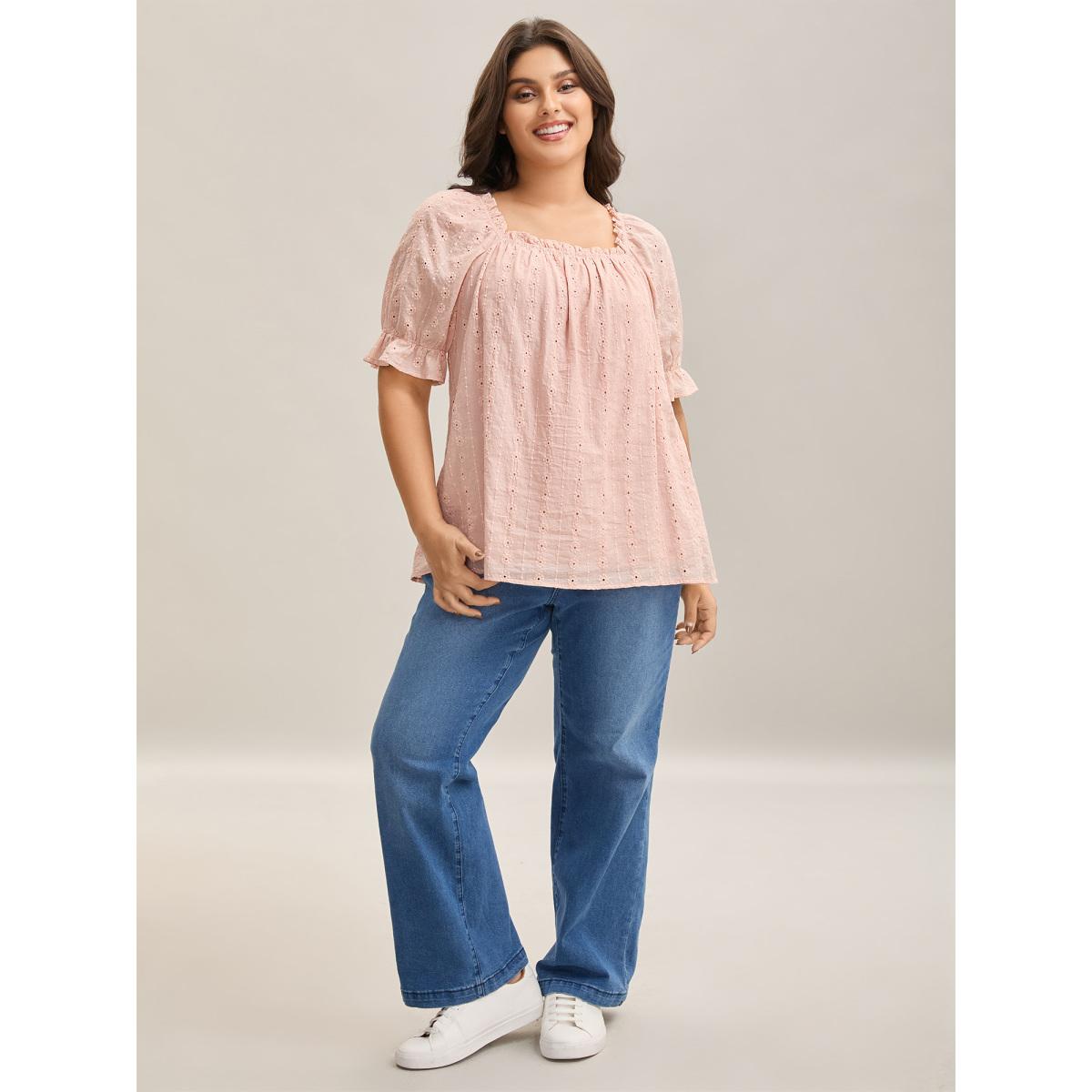 Plus Size Dirtypink Textured Frill Trim Square Neck Blouse Women Romantic Short sleeve Square Neck Elegant Blouses BloomChic 14-16/1X Product Image