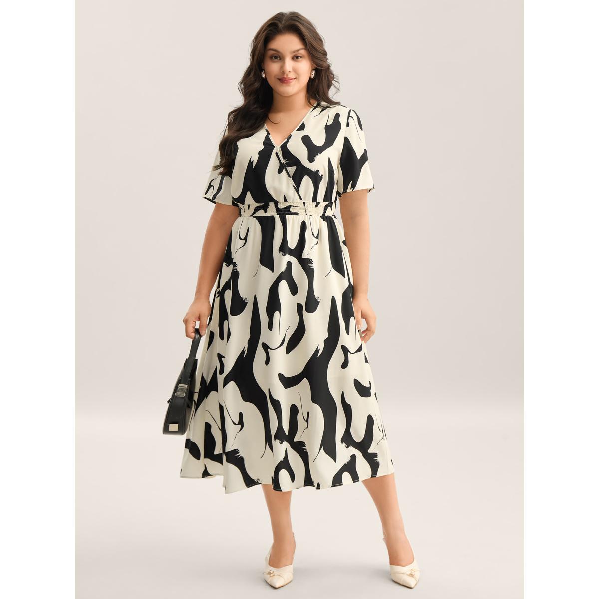 Plus Size Geometric Print Surplice Neck Midi Dress Black Women Overlap Collar Short sleeve Curvy BloomChic 10/M Product Image