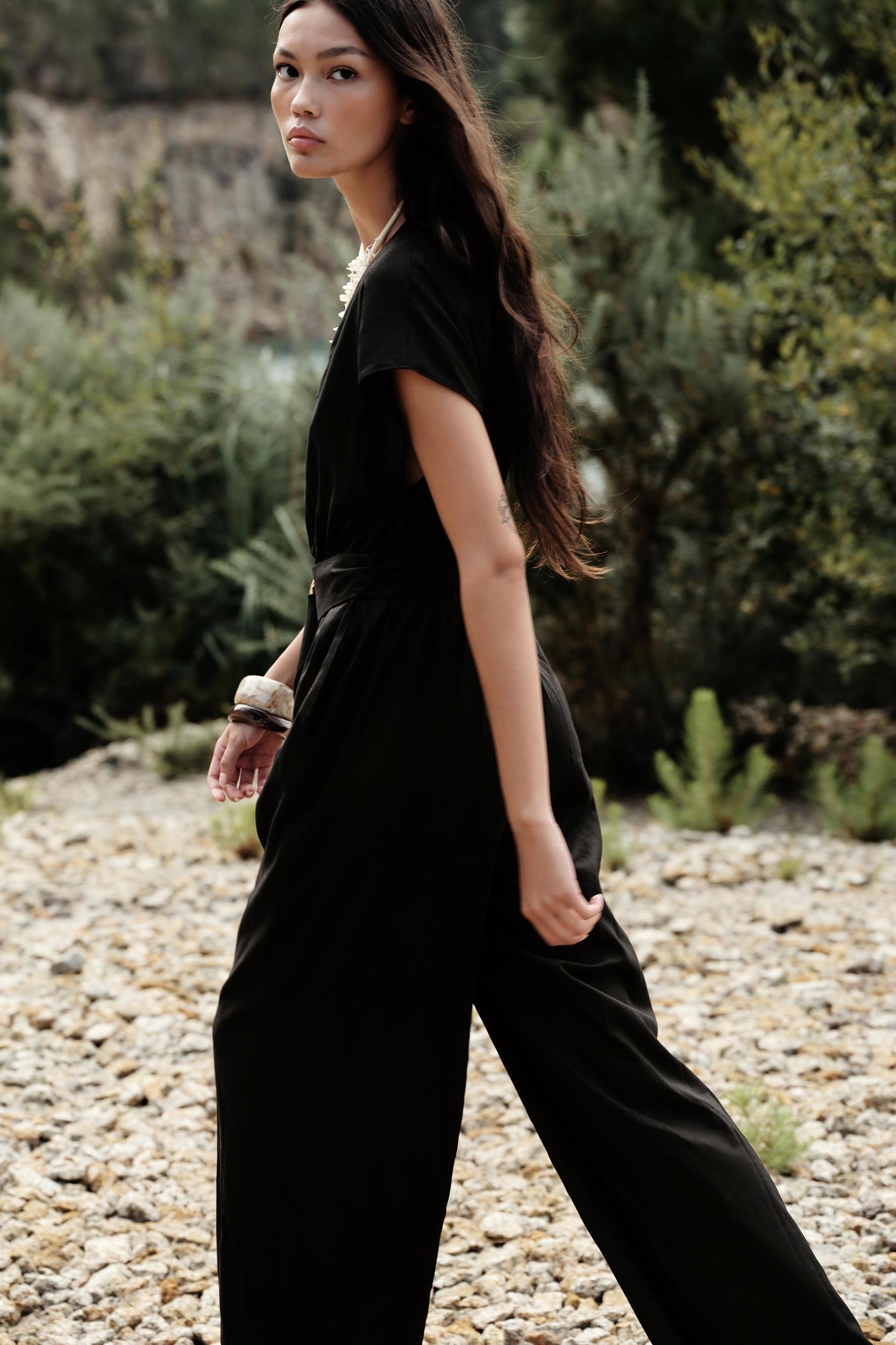 LINEN BELTED LONG JUMPSUIT Product Image