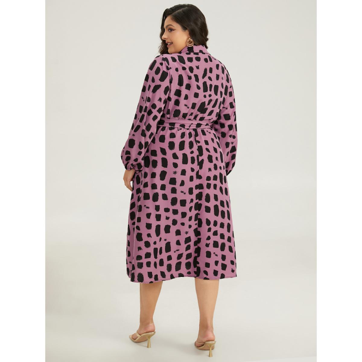 Plus Size Shirt Collar Brush Print Belted Dress Mauve Women Office Belted Shirt collar Long Sleeve Curvy Midi Dress BloomChic 28/5X Product Image