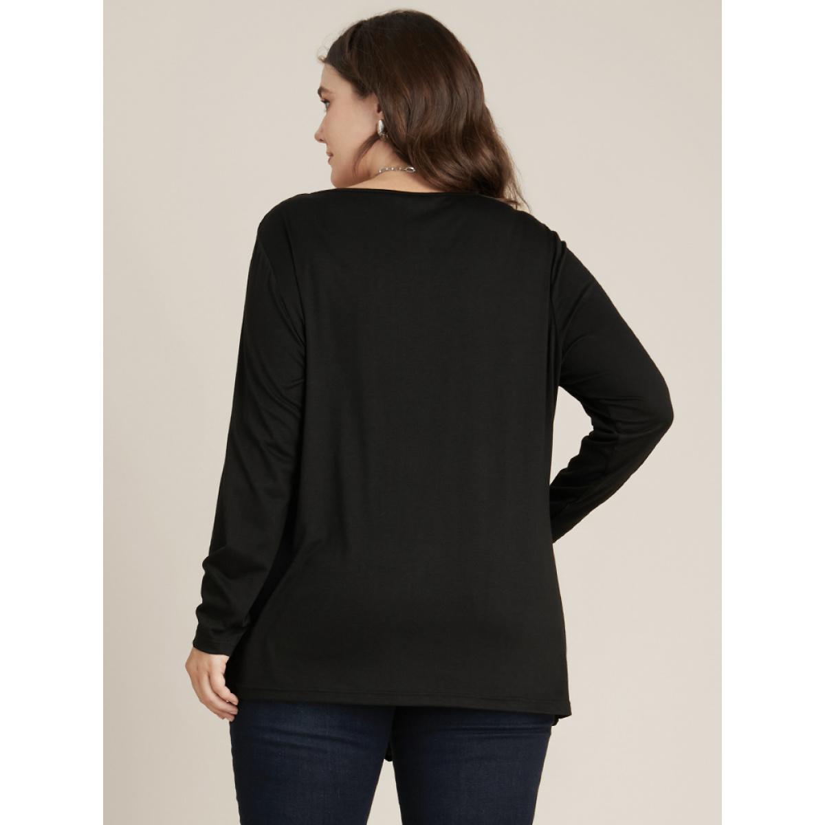 Plus Size Solid Round Neck Twist Front Long Tee Black Women Elegant Plain Plain Round Neck Dailywear T-shirts BloomChic 10/M Product Image