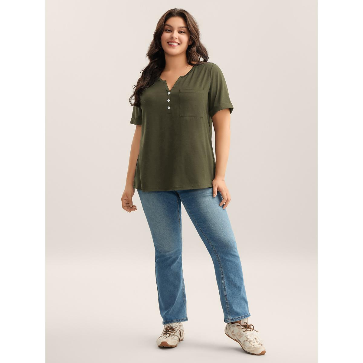 Plus Size Solid Split Neck Button Detail T-Shirt ArmyGreen Women Leisure Button Notched collar Casual T-shirts BloomChic 30/6X Product Image
