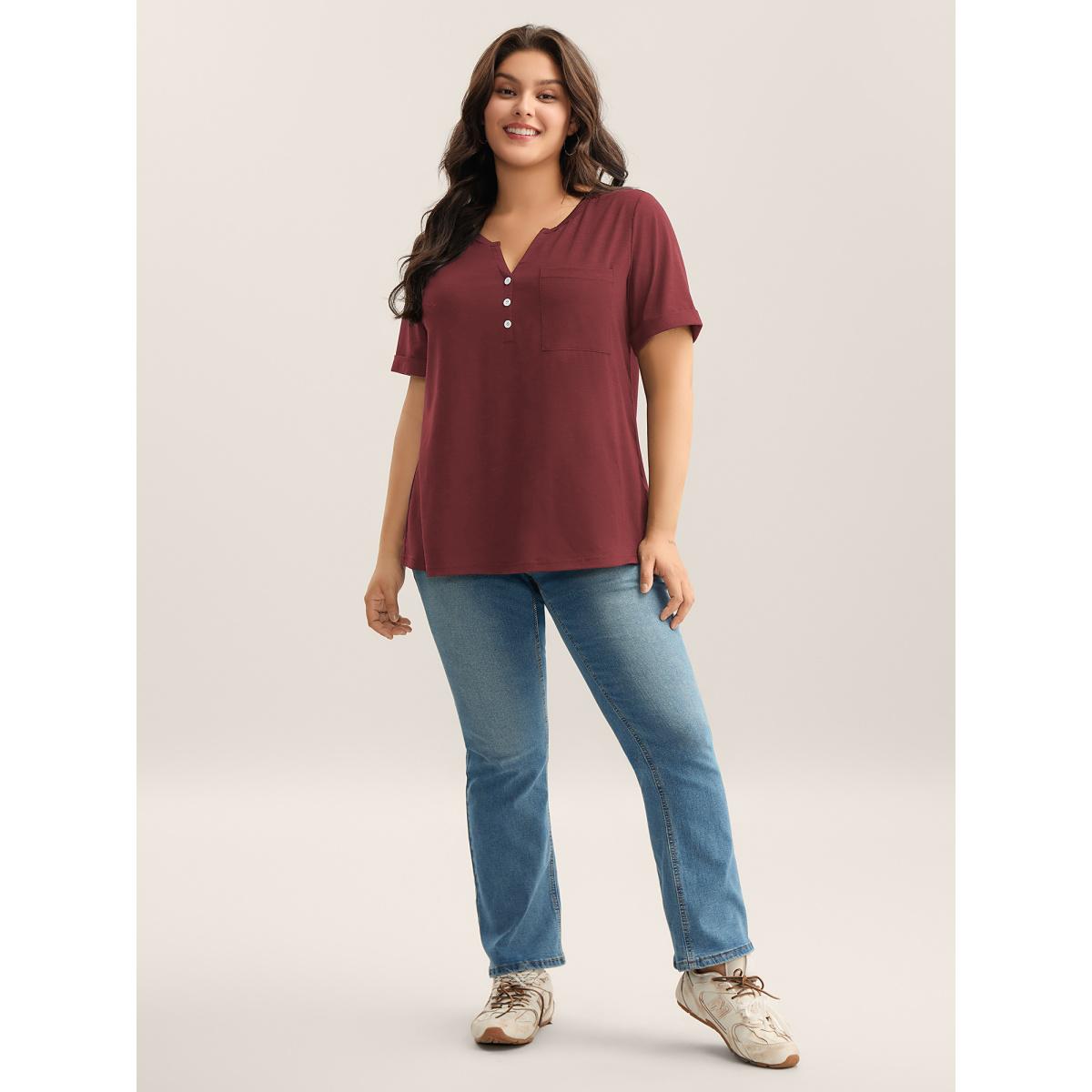 Plus Size Solid Split Neck Button Detail T-Shirt Burgundy Women Leisure Button Notched collar Casual T-shirts BloomChic 10/M Product Image