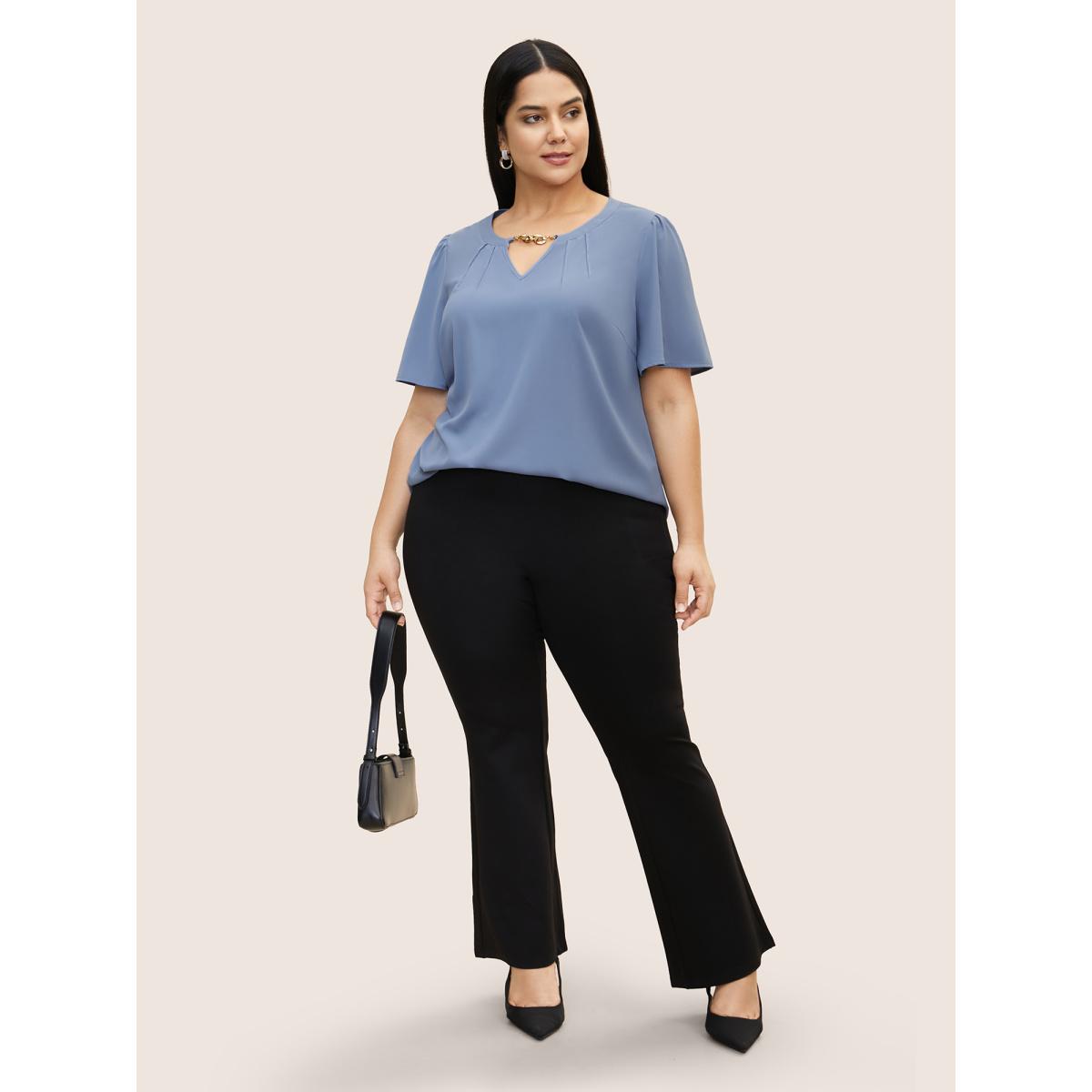 Plus Size Stone Keyhole Metal Chain Detail Ruffle Sleeve Blouse Women Work From Home Short sleeve Round Neck Work Blouses BloomChic 22-24/3X Product Image