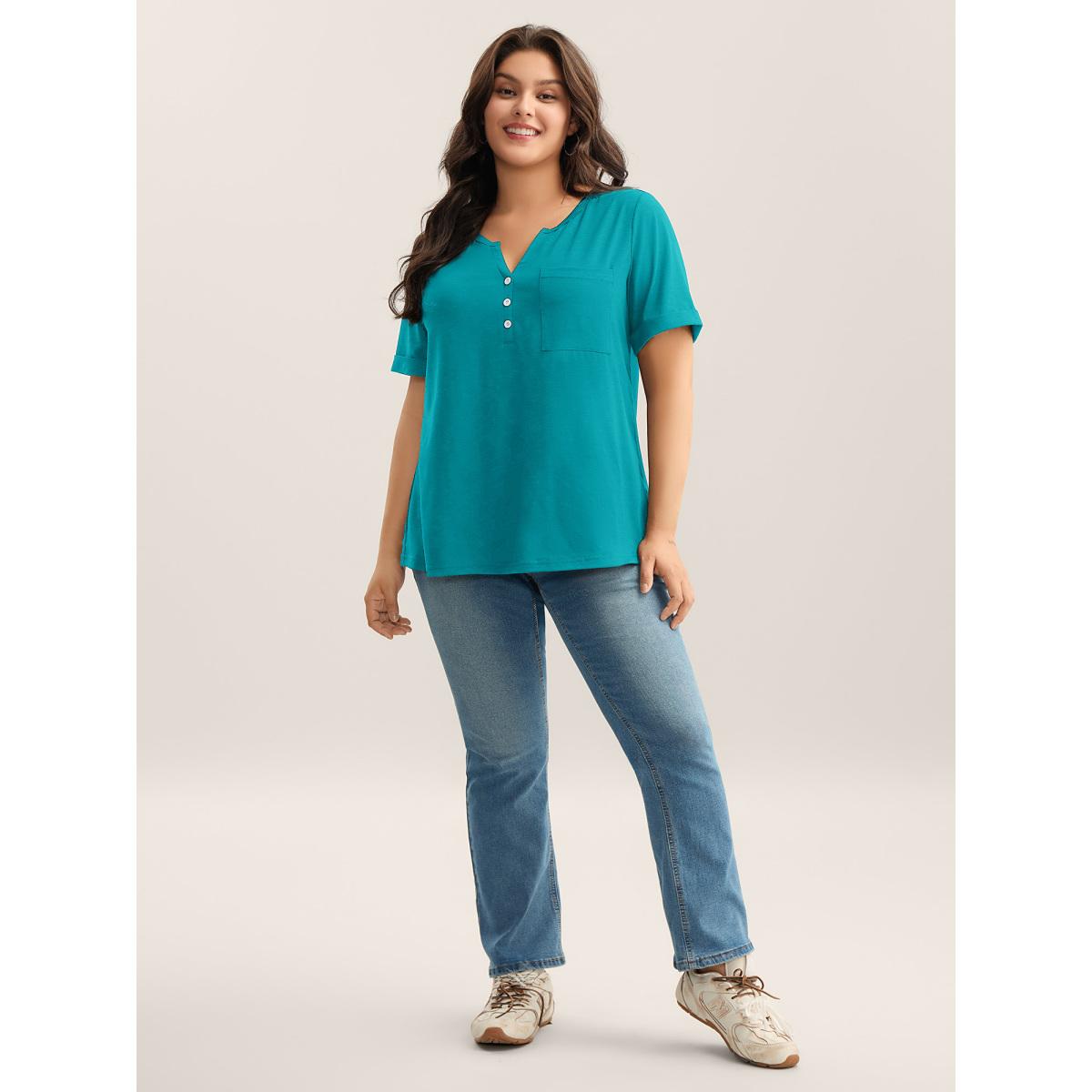 Plus Size Solid Split Neck Button Detail T-Shirt Cerulean Women Leisure Button Notched collar Casual T-shirts BloomChic 28/5X Product Image