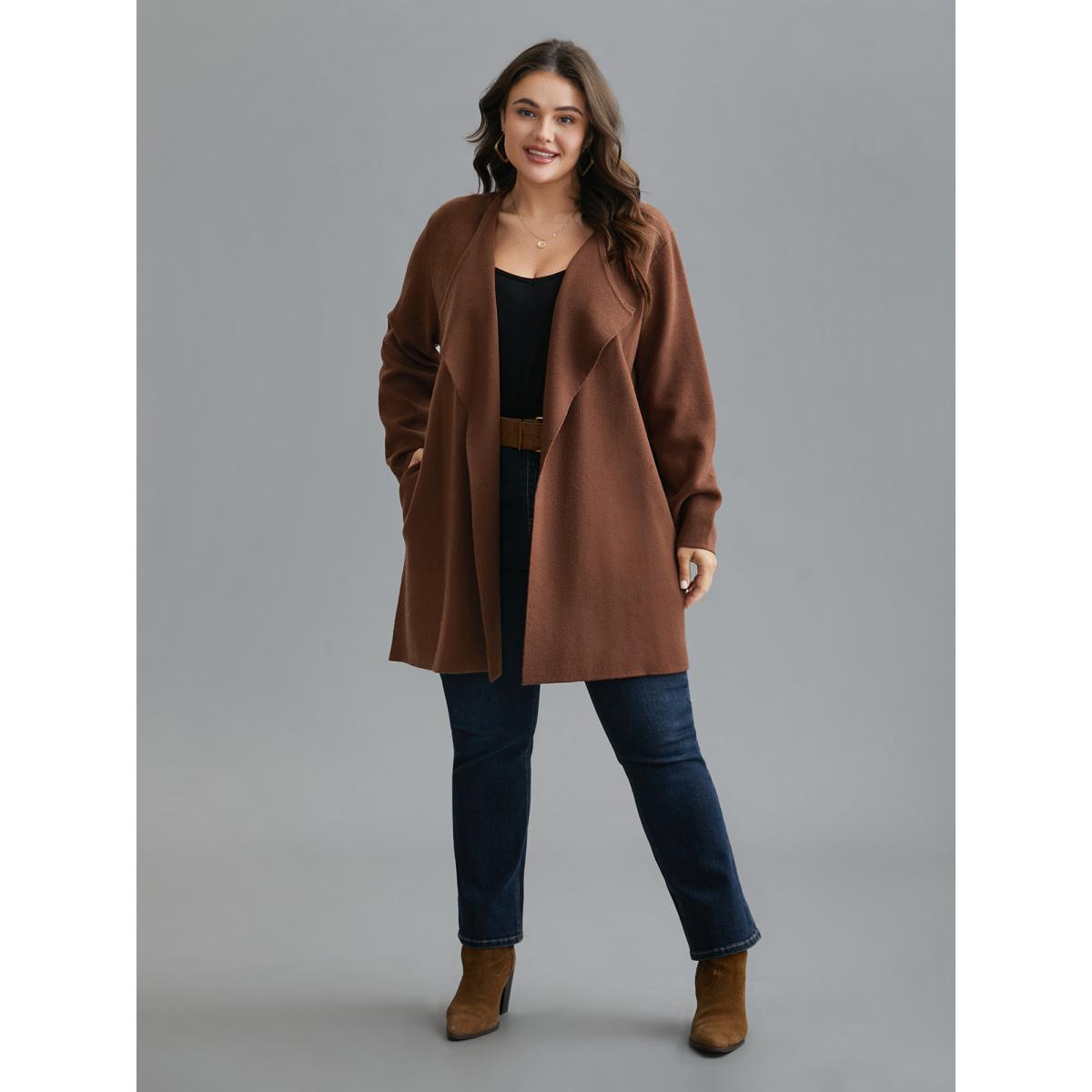 Plus Size Supersoft Essentials Side Pocket Collared Knit Cardigan Browncoffeecolor Women Leisure Loose Long Sleeve Casual Cardigans BloomChic 28/5X Product Image