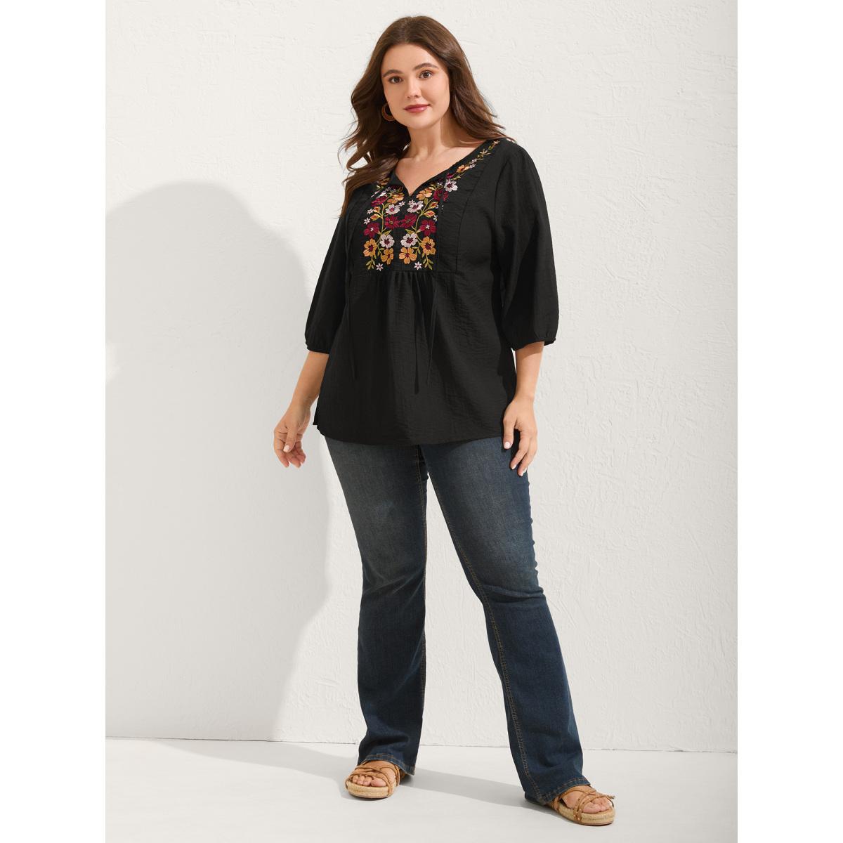 Plus Size Black Floral Embroidered Tie Knot Lantern Sleeve Blouse Women Boho Elbow-length sleeve V-neck Vacation Blouses BloomChic 12/L Product Image