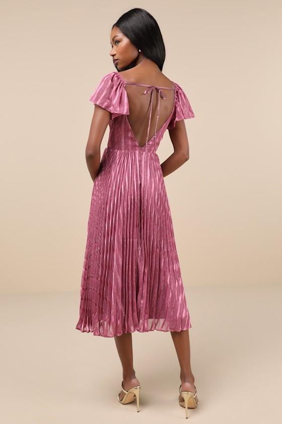 Standout Sophistication Mauve Lurex Flutter Sleeve Midi Dress Product Image