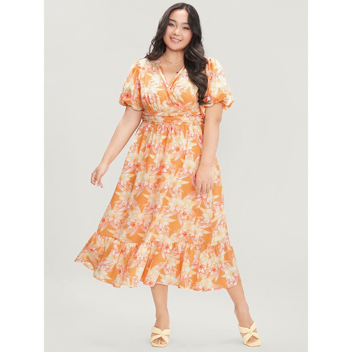 Plus Size Floral Print Puff Sleeve Gathered Pocket Wrap Ruffles Dress Salmon Women Elegant Pocket V-neck Short sleeve Curvy Midi Dress BloomChic 30/6X Product Image