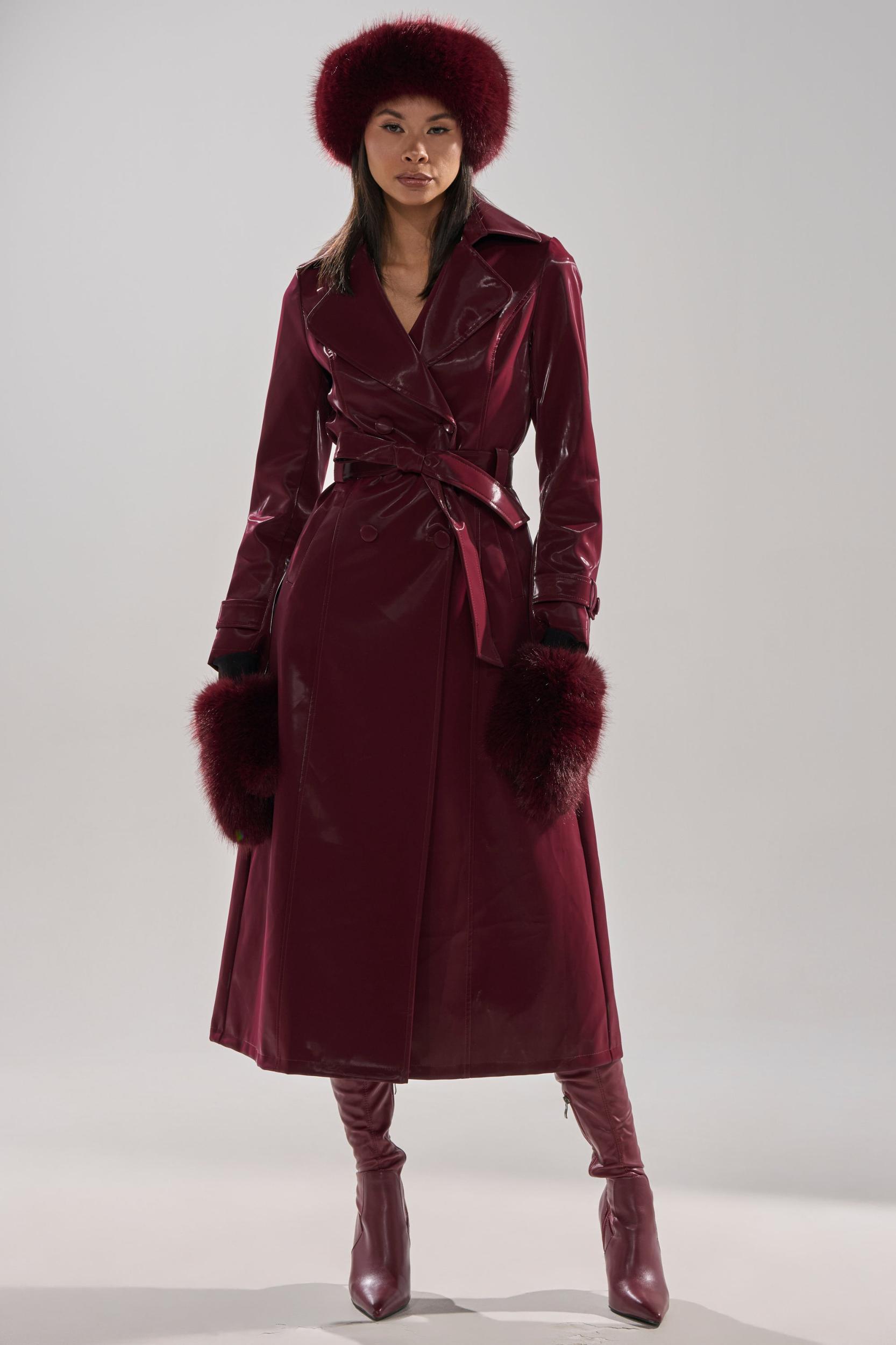 SANDO LIQUID VELVET TRENCH IN BURGUNDY Product Image