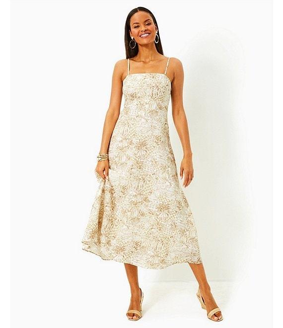 Lilly Pulitzer Jorgian Woven Linen Printed Square Neck Sleeveless Midi A-Line Dress Product Image
