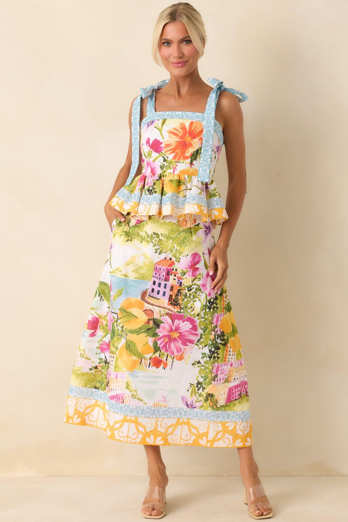 Prosperina Harley Multi Linen Blend Floral Print Peplum Top Product Image