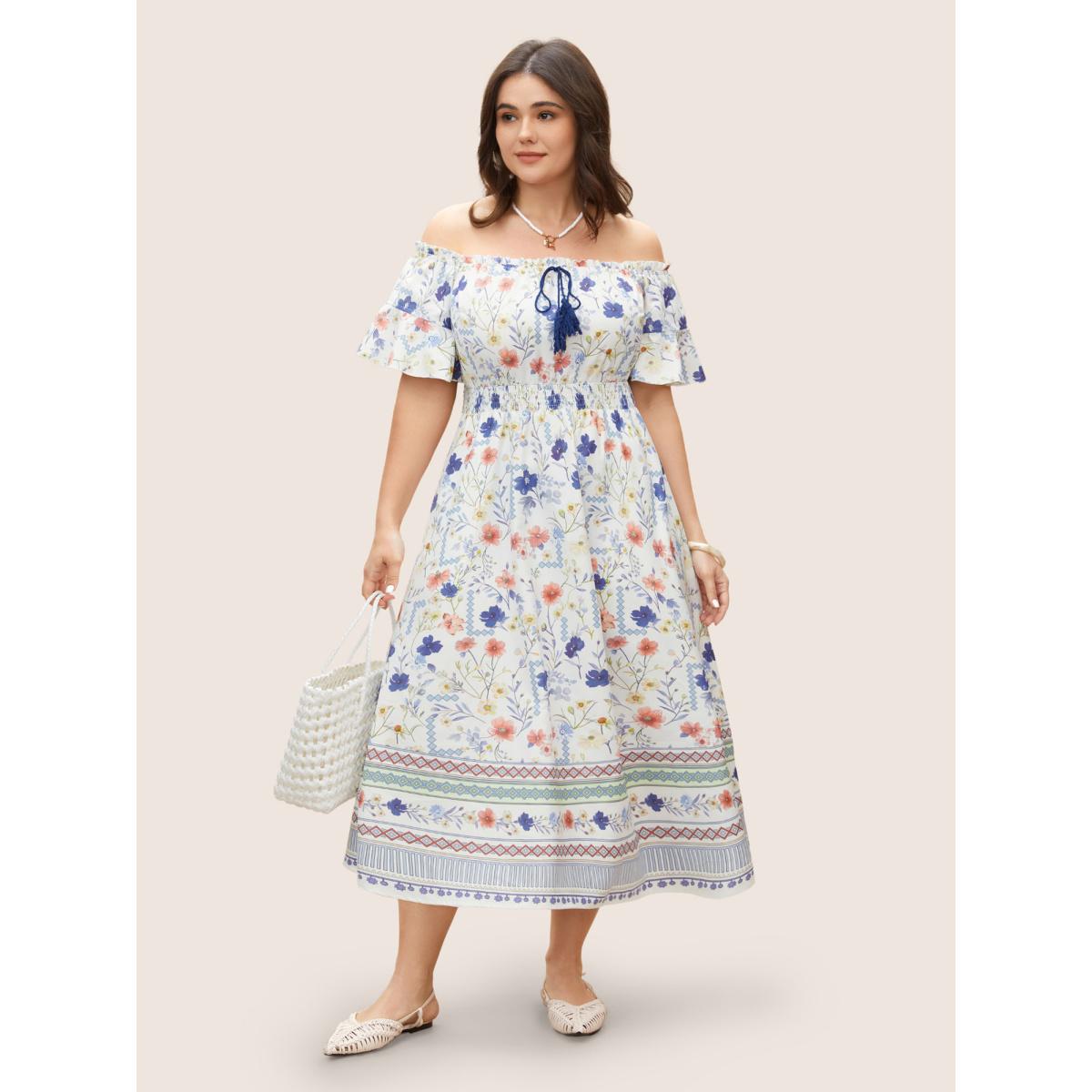 Plus Size Floral One Shoulder Neck Shirred Tassel Dress White Women Resort Tie knot One-shoulder neck Short sleeve Curvy BloomChic 26/4X Product Image