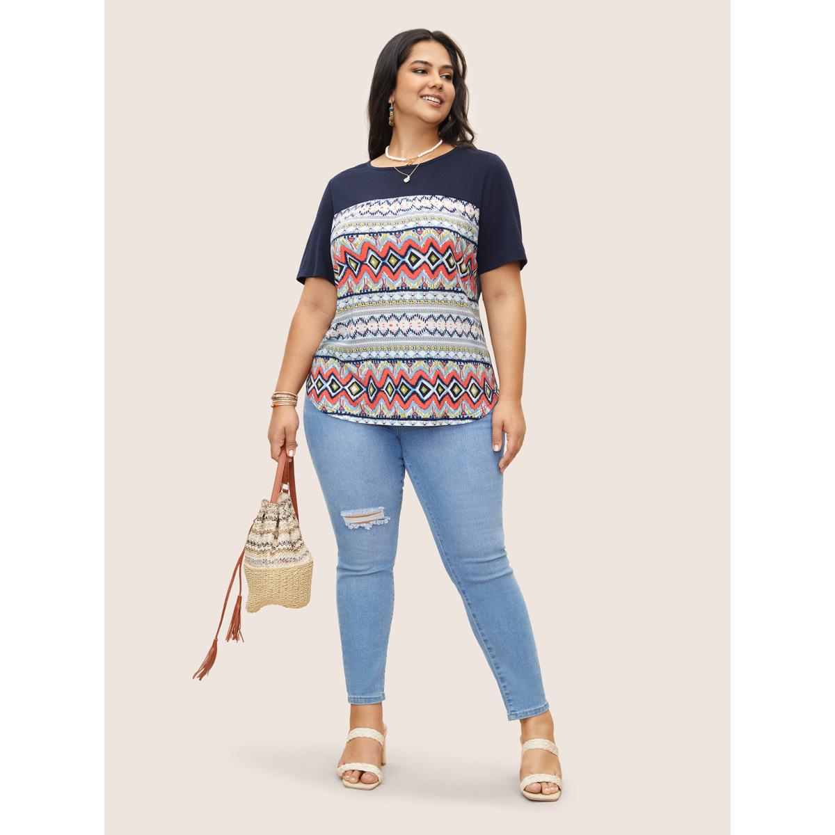 Plus Size Round Neck Bandana Print Patchwork T-shirt Indigo Women Resort Contrast Art&design Round Neck Vacation T-shirts BloomChic 12/L Product Image
