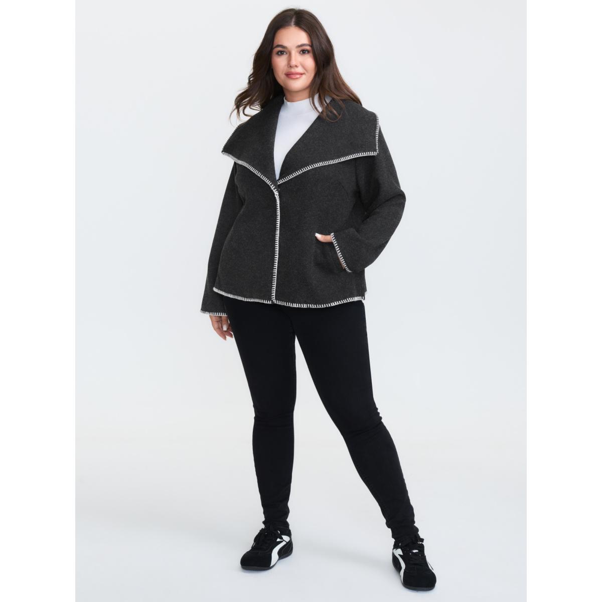 Plus Size Wide Lapel Color Contrast Cropped Jacket Women Black Texture Slanted pocket Casual Jackets BloomChic 18-20/2X Product Image