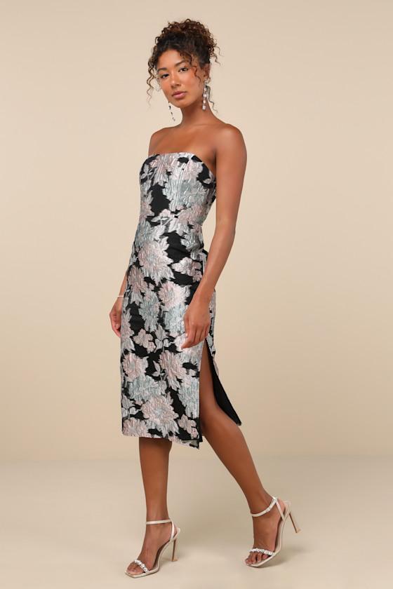 Upgraded Event Black Jacquard Strapless Bustier Midi Dress Product Image