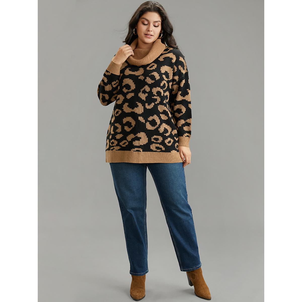 Plus Size Leopard Contrast Jacquard Turtleneck Pullover Bronze Women Casual Loose Long Sleeve Turtleneck Dailywear Pullovers BloomChic 28/5X Product Image