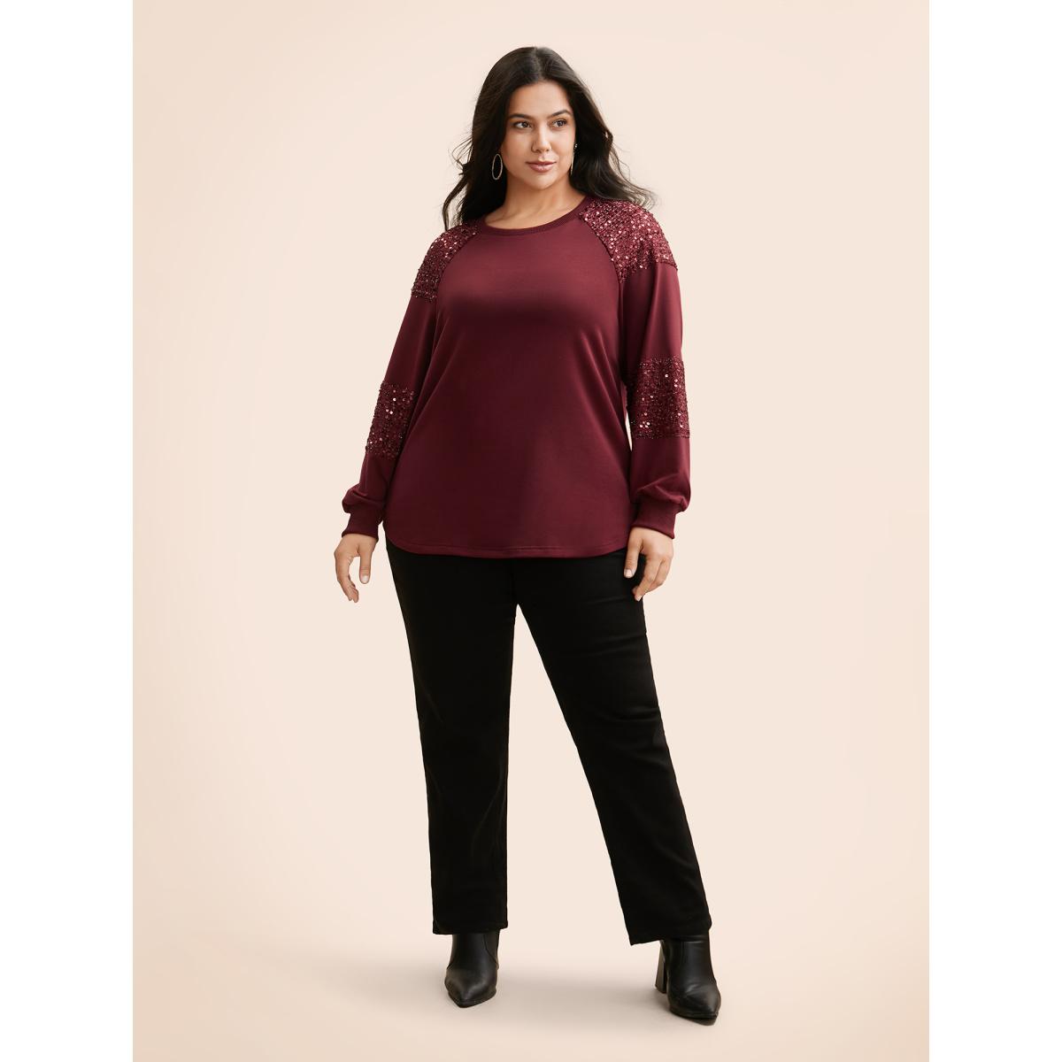 Plus Size Sequin Patchwork Raglan Sleeve Sweatshirt Women Burgundy Casual Patchwork Round Neck Everyday Sweatshirts BloomChic 26/4X Product Image