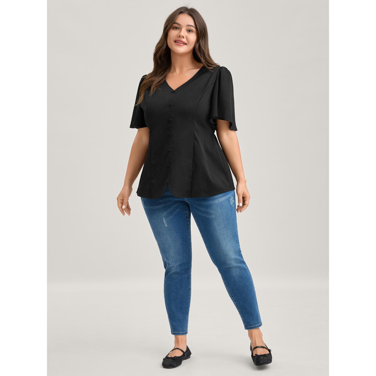 Plus Size Black Cinched Flared Waist Button Detail Blouse Women Timeless Short sleeve V-neck Elegant Blouses BloomChic 14-16/1X Product Image