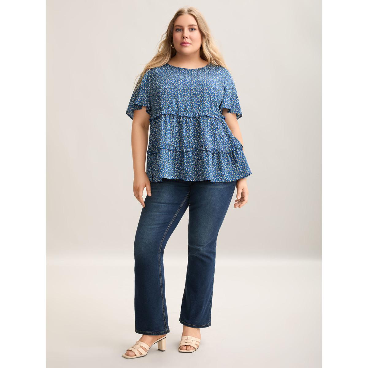 Plus Size Mediumblue Ditsy Floral Print Ruffled Tiered Blouse Women Timeless Short sleeve Round Neck Elegant Blouses BloomChic 14-16/1X Product Image