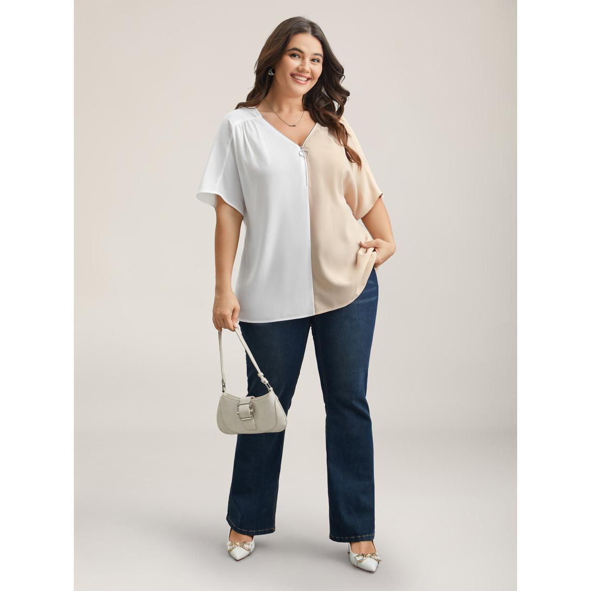 Plus Size Multicolor Sheer Zipper-Front V-Neck Shirt Women At the Office Short sleeve V-neck Work Blouses BloomChic 10/M Product Image