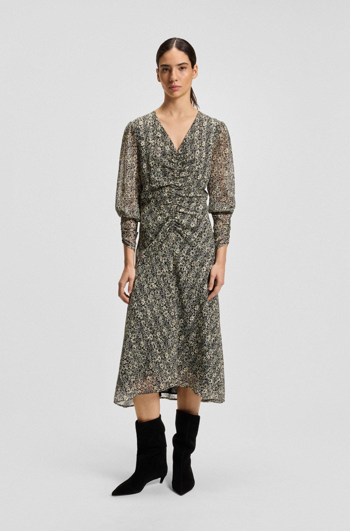 BOSS - Printed-seersucker midi dress with gathered details - Patterned Product Image