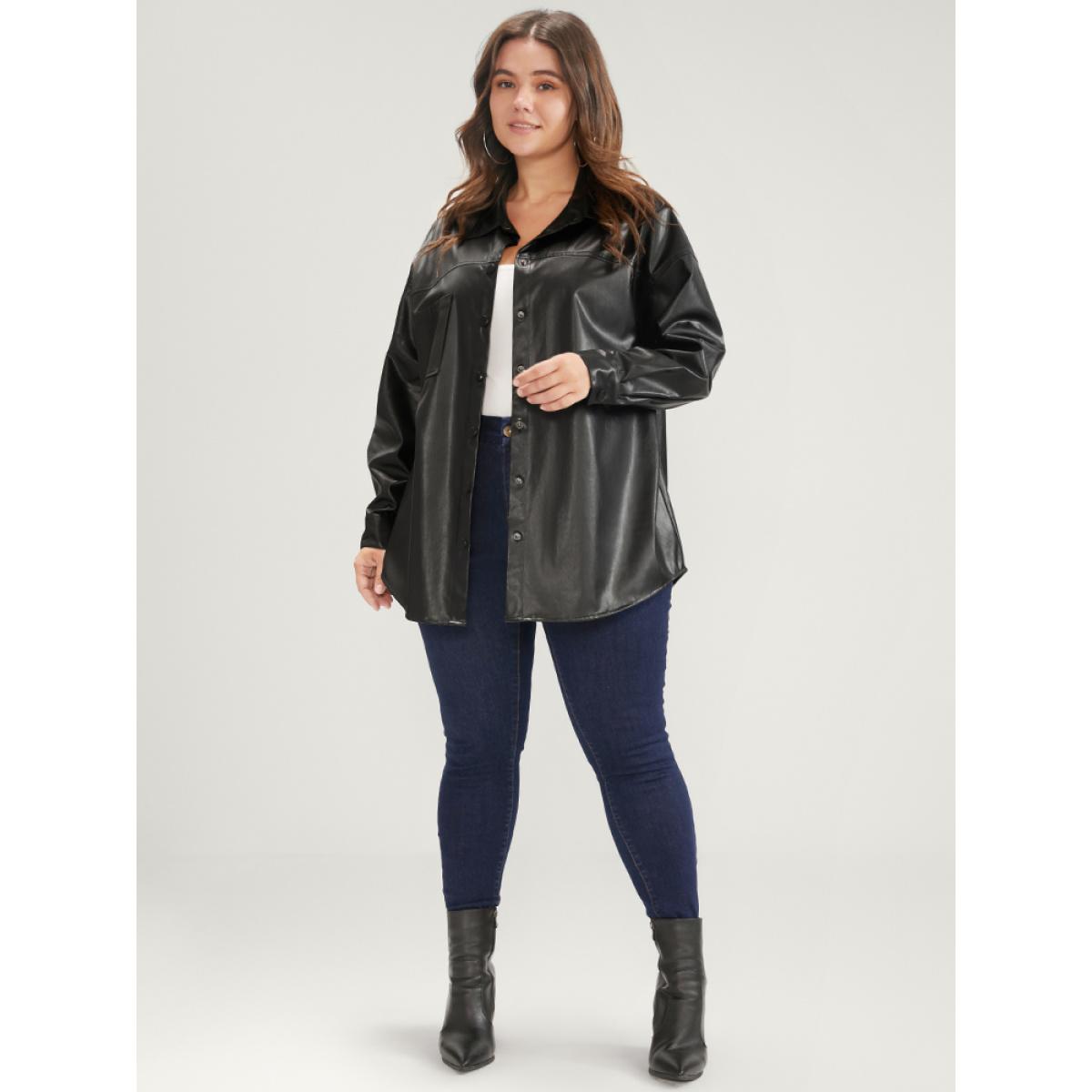 Plus Size PU Leather Pocket Button Up Coat Women Black Casual Button Ladies Dailywear Winter Coats BloomChic 18-20/2X Product Image