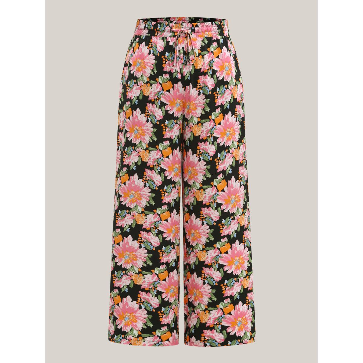 Plus Size Rayon Blushing Floral Print Wide-Leg Pants Women BlackFlower Casual Wide Leg Mid Rise Everyday-Casual Pants BloomChic 14-16/1X Product Image