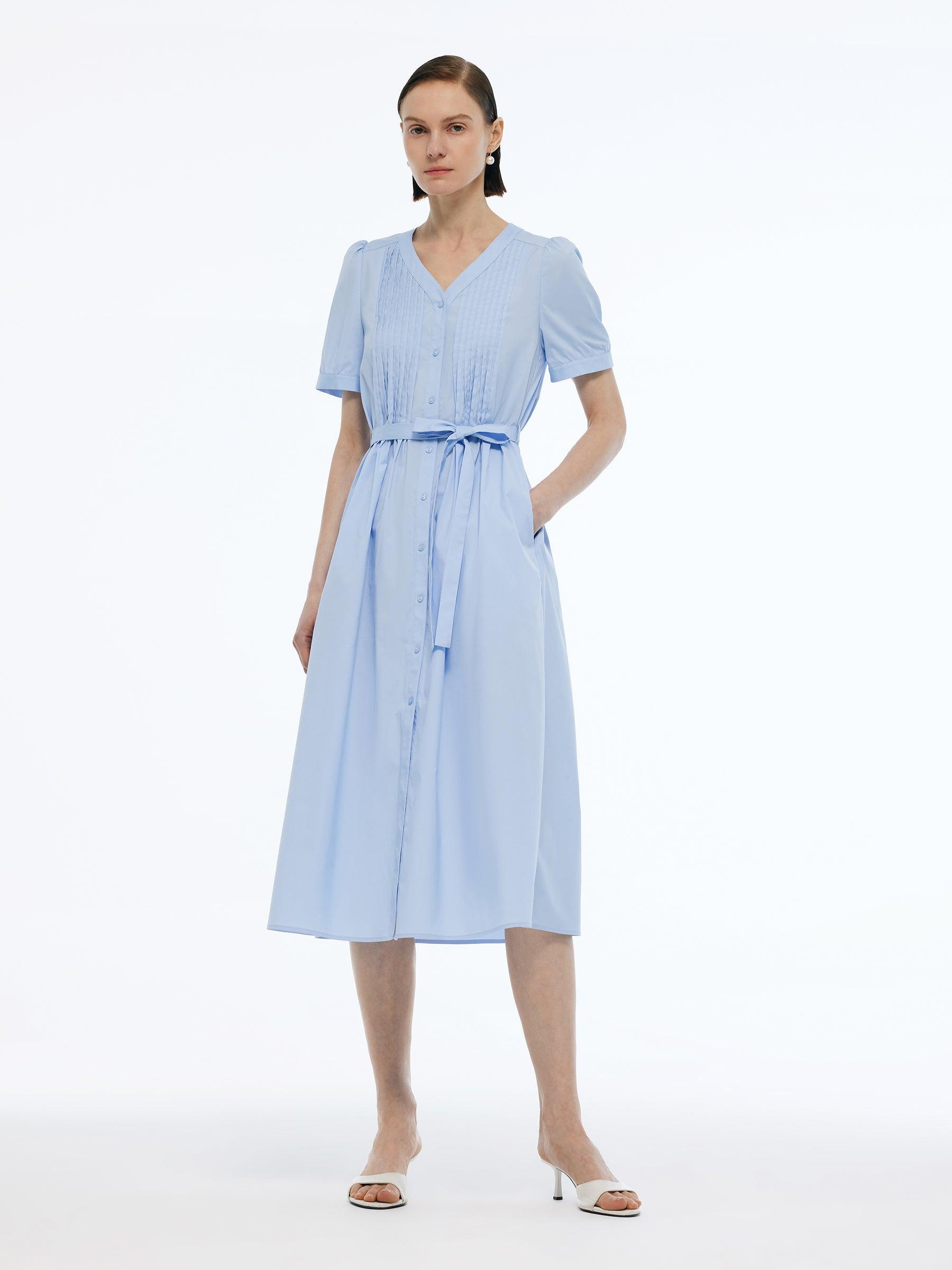 V-Neck Pleat Front Women A-Line Tie Belt Midi Dress Product Image
