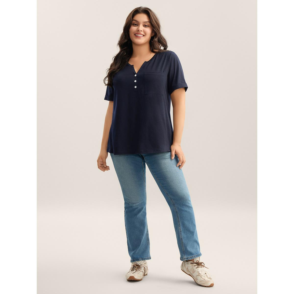 Plus Size Solid Split Neck Button Detail T-Shirt Indigo Women Leisure Button Notched collar Casual T-shirts BloomChic 14-16/1X Product Image