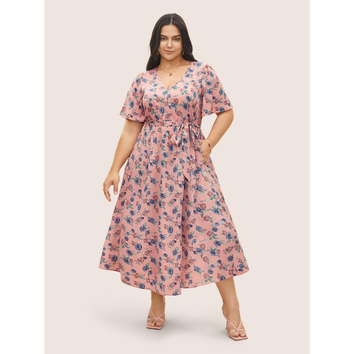 Plus Size Floral Print V Neck Pleated Belted Dress Rouge Women Elegant Non V-neck Short sleeve Curvy Midi Dress BloomChic 18-20/2X Product Image