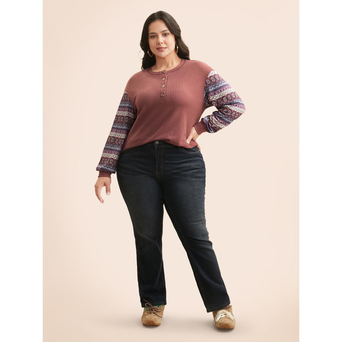 Plus Size Boho Print Patchwork Waffle Knit T-shirt DustyPink Women Casual Texture Round Neck Everyday T-shirts BloomChic 30/6X Product Image