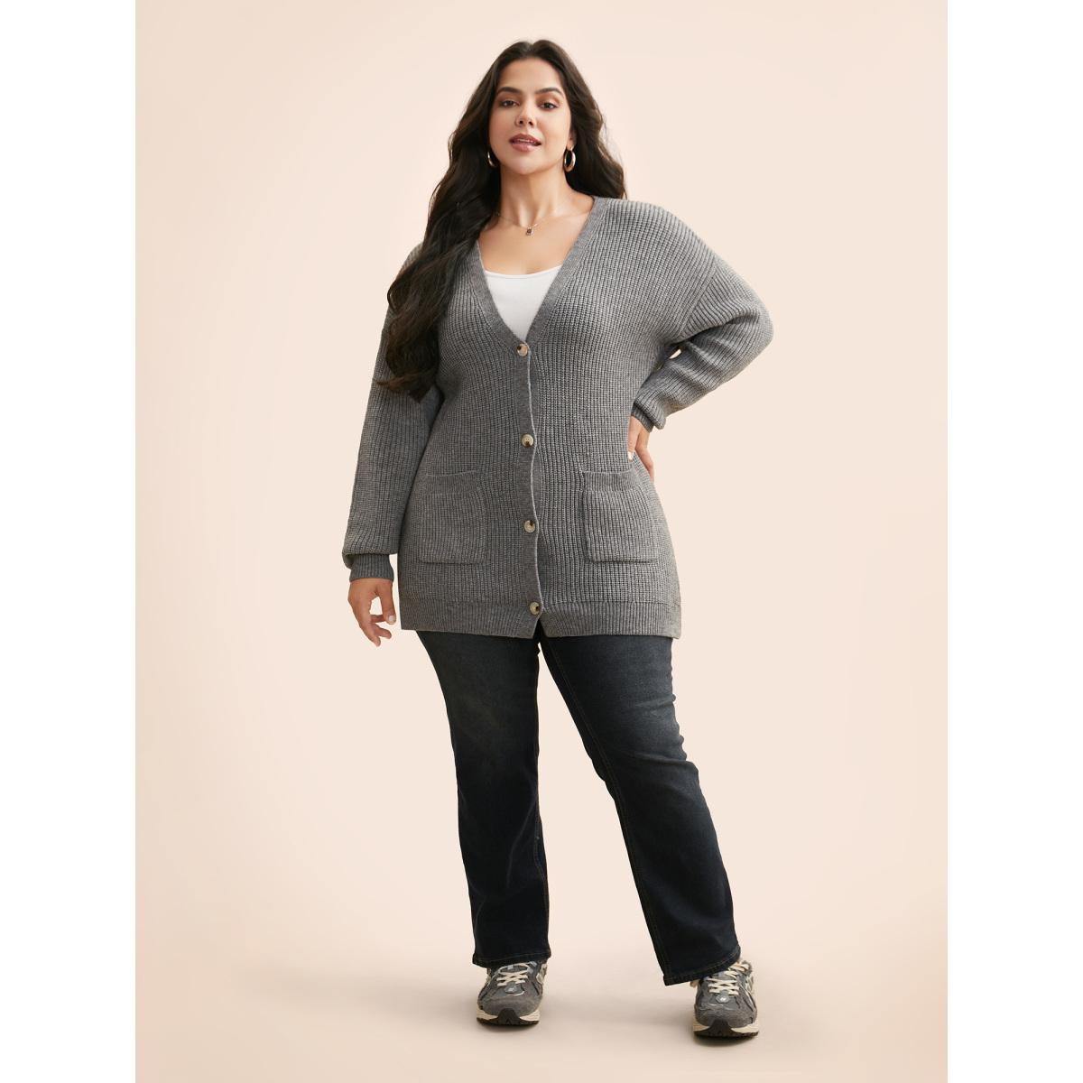 Plus Size Supersoft Ribbed Drop Shoulder Wool Cardigan Mediumgray Women Casual Loose Long Sleeve Everyday Cardigans BloomChic 26/4X Product Image