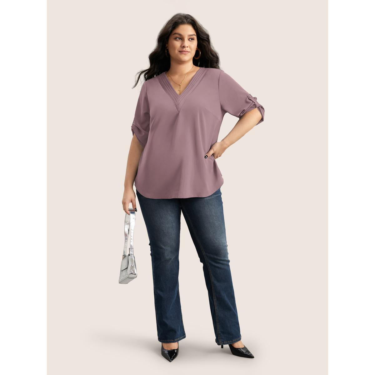 Plus Size Mauve V Neck Plain Pleated Tab Sleeve Blouse Women Office Elbow-length sleeve V-neck Office Blouses BloomChic 14-16/1X Product Image