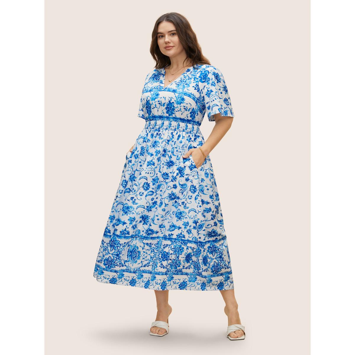 Plus Size Notched Collar Boho Print Shirred Dress Mediumblue Women Elegant Shirred Notched collar Short sleeve Curvy BloomChic 14-16/1X Product Image